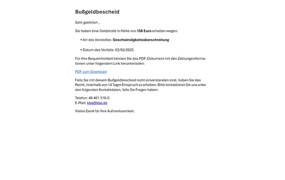 Betrugs-E-Mails  - KBA versendet keine Bußgeldbescheide